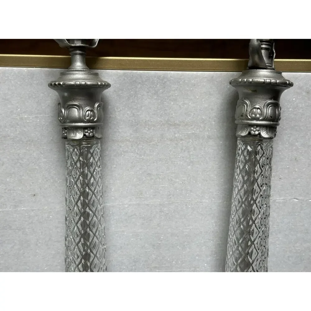 Vtg Diamond Cut Crystal Pair Lamps Brand Loevsky & Loevsky Pewter Color